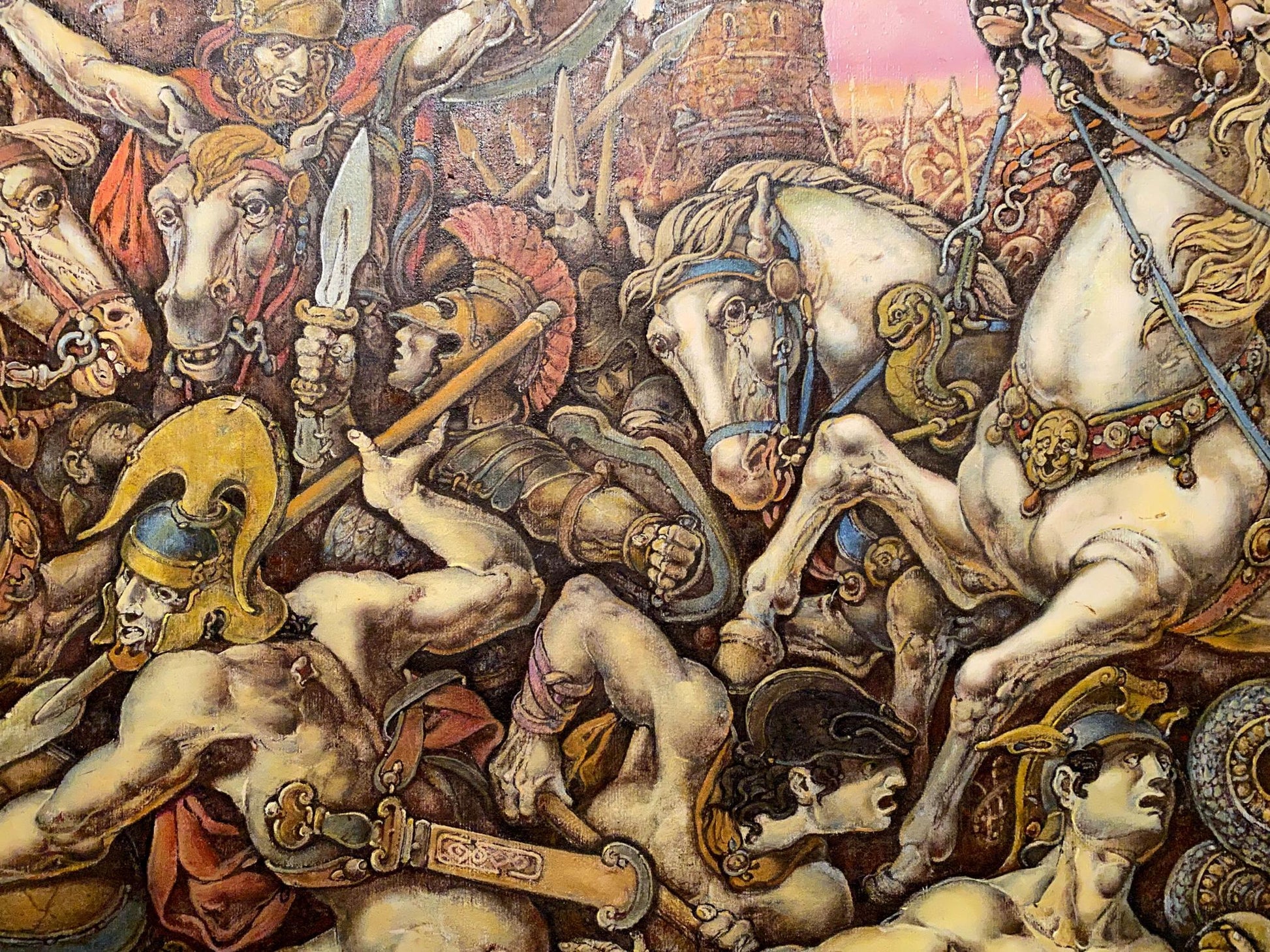 Oil painting of chaotic Battle of Troy by Oleg Litvinov