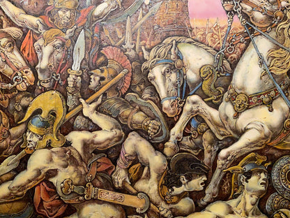 Oil painting of chaotic Battle of Troy by Oleg Litvinov