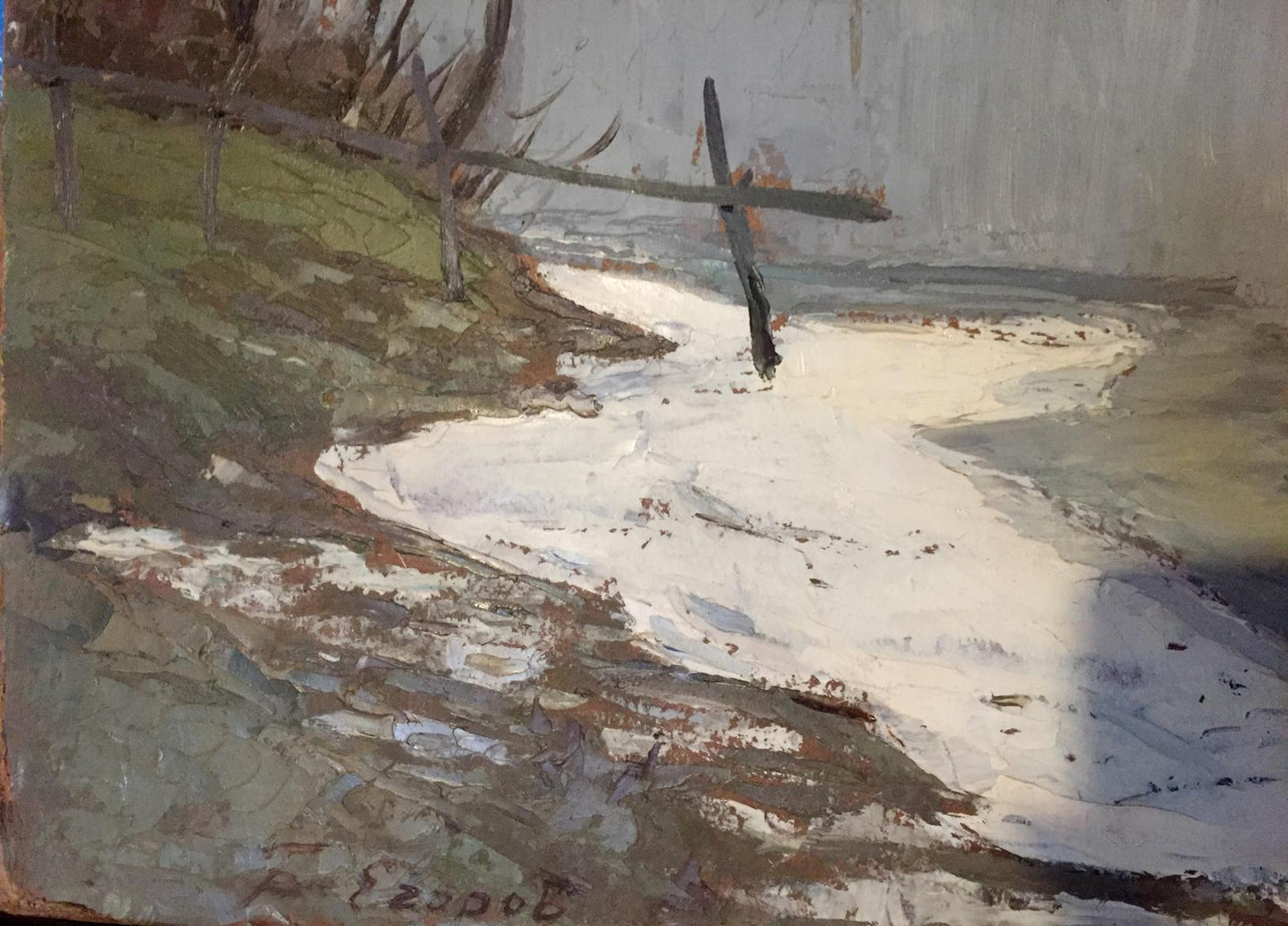 Oil painting Frost by Egorov Boris Kuzmich: rustic snowy fence