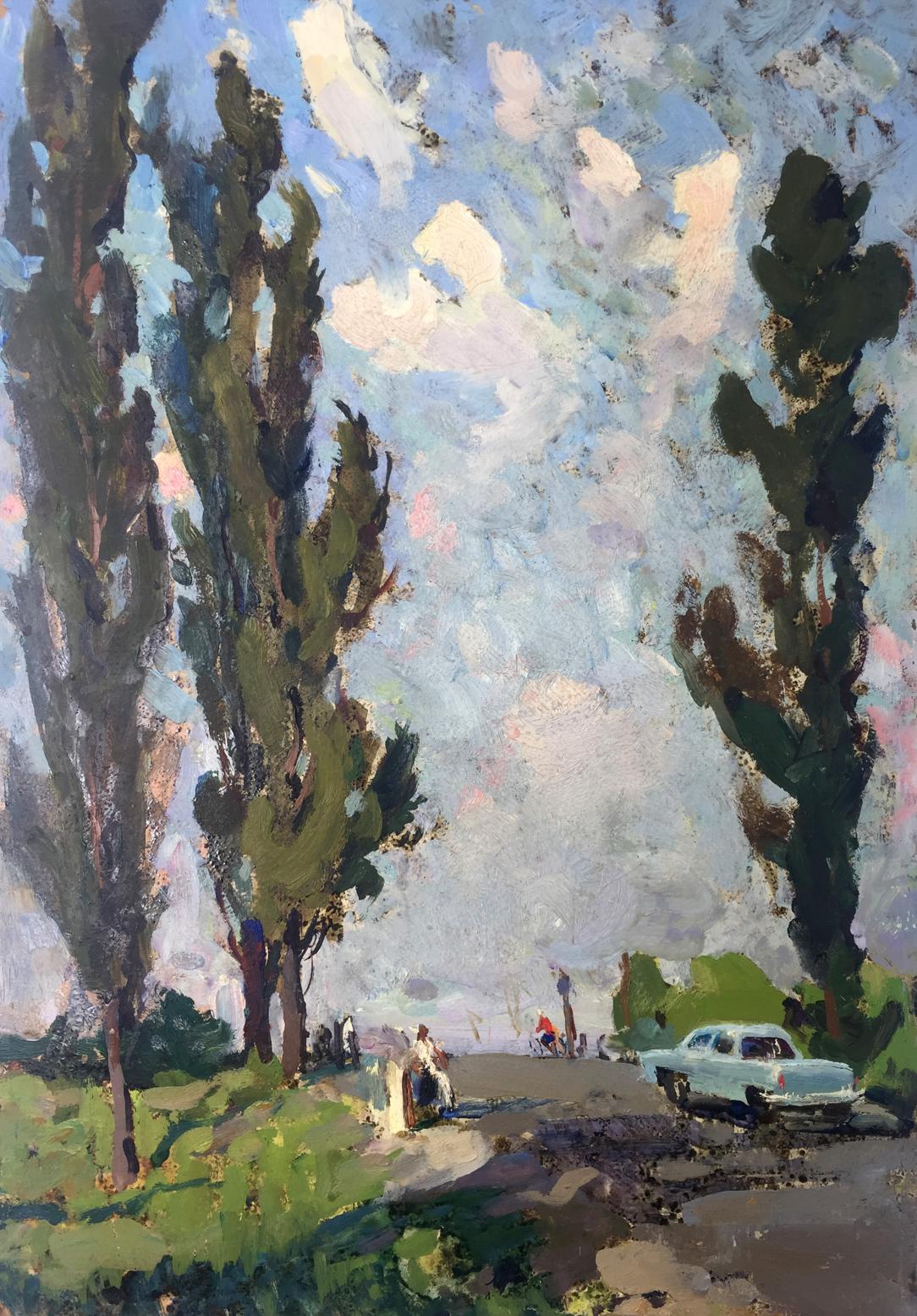 Light blue vintage car in original oil painting Trunk by sunlit leafy road