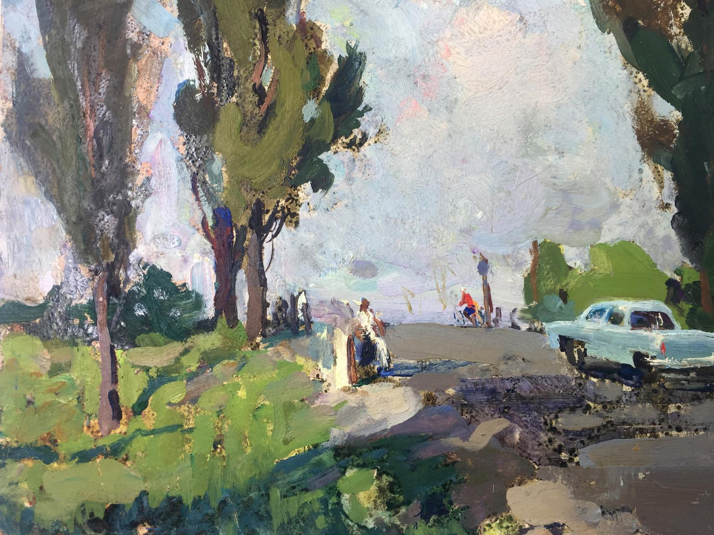 Oil painting of light blue vintage car on gravel road under tall trees