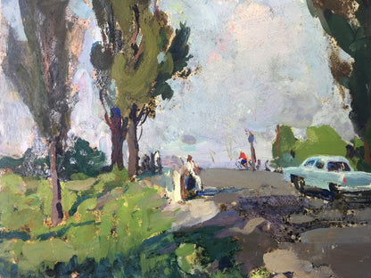 Oil painting of light blue vintage car on gravel road under tall trees