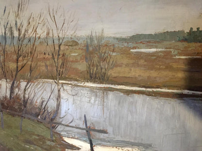 Oil painting Frost by Egorov Boris Kuzmich: muted landscape with bare trees on riverbank