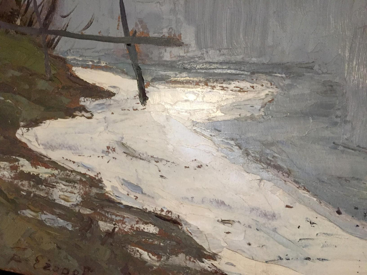Oil painting Frost by Egorov Boris Kuzmich snowy riverbank