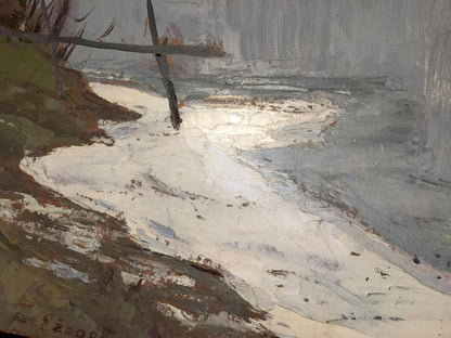 Oil painting Frost by Egorov Boris Kuzmich snowy riverbank