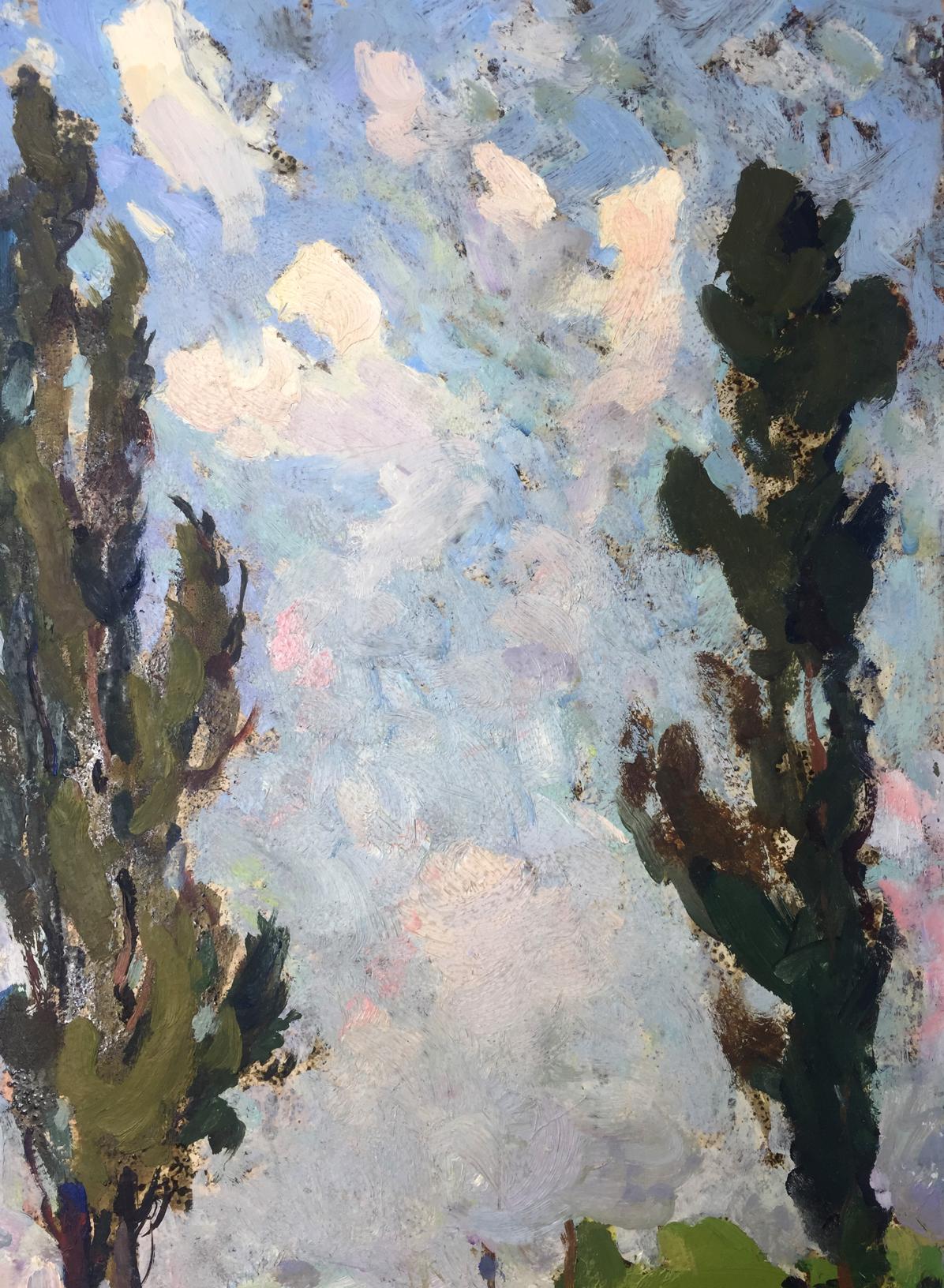 Impressionistic oil painting of tall dark green trees under textured blue white sky