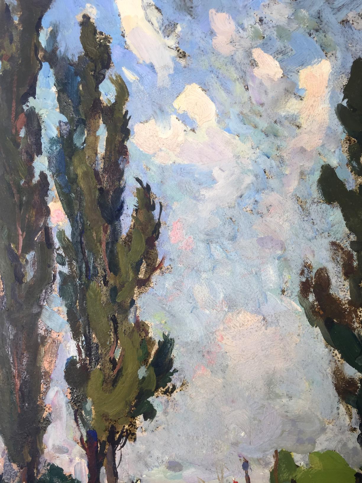 Oil painting of tall slender tree trunk against blue sky with clouds