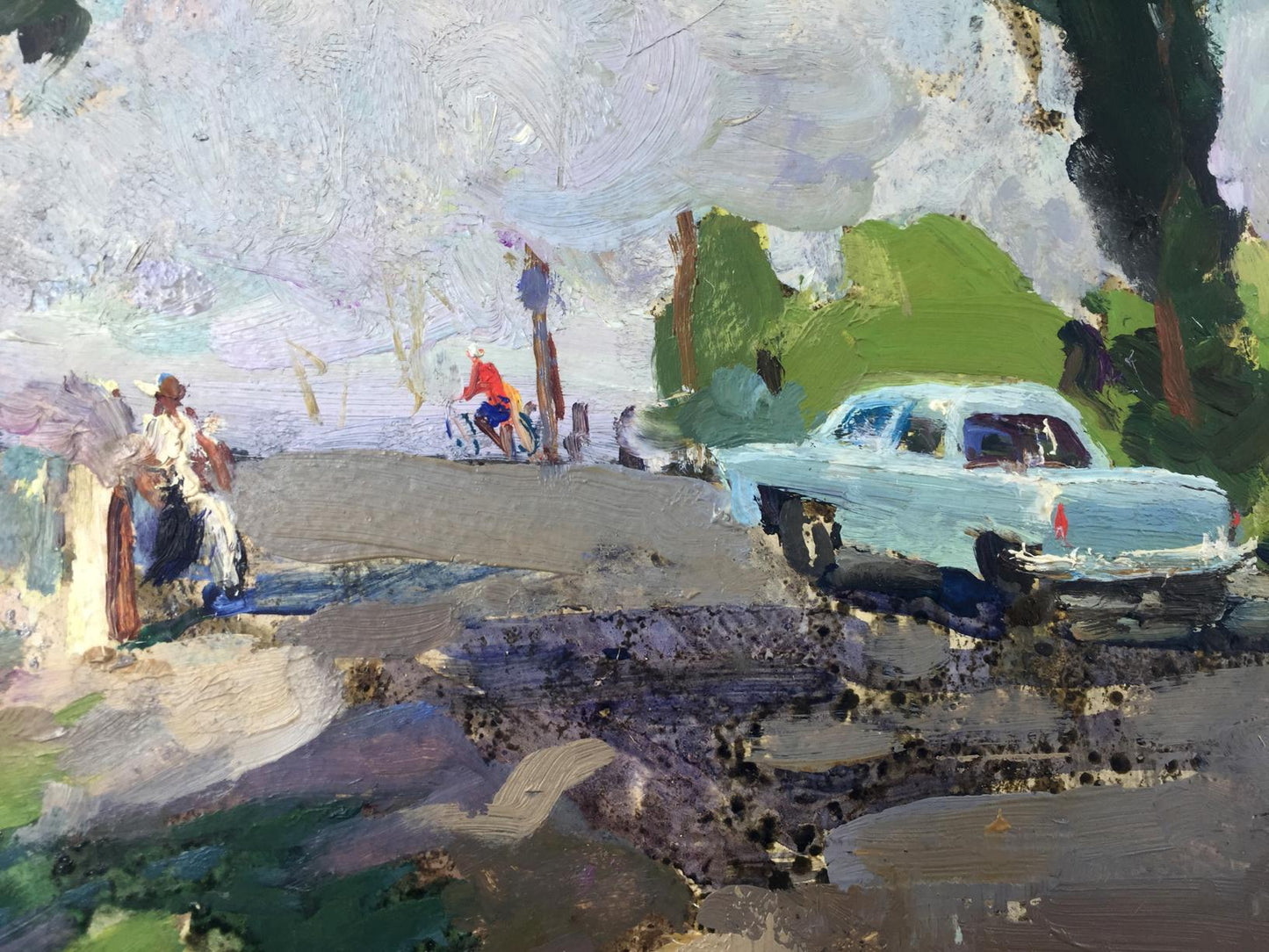 Oil painting of light blue vintage car with glossy chrome on gravel road
