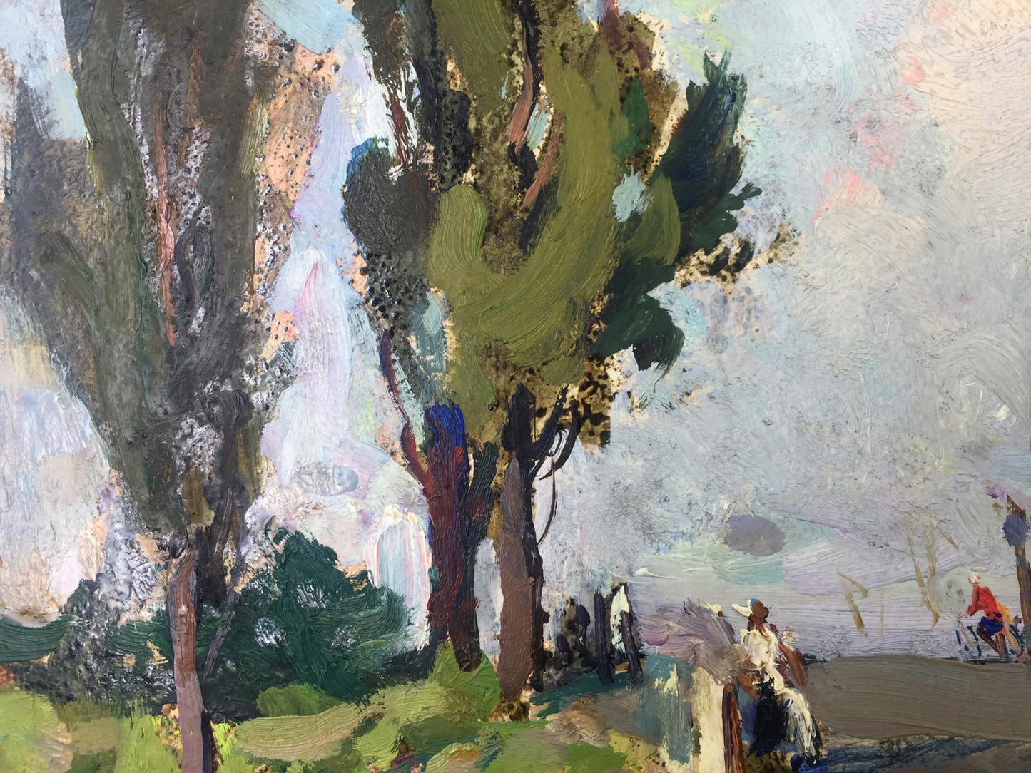 Vibrant impressionist oil painting of textured tree trunks, original Trunk picture