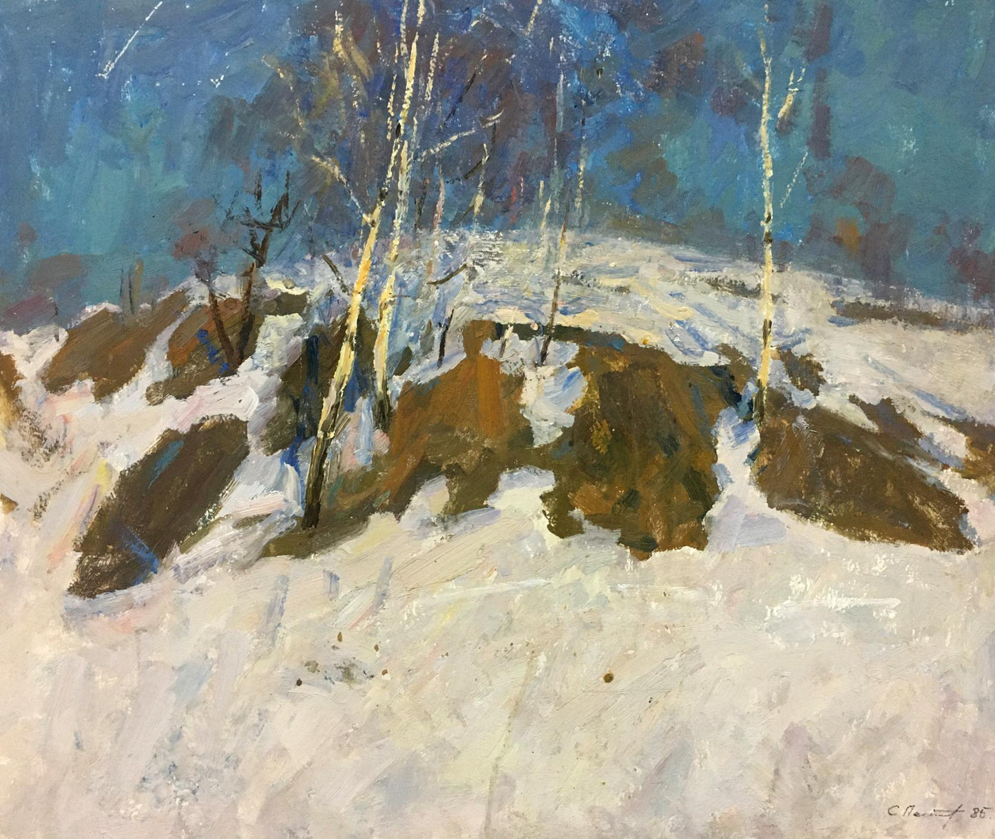 Sunny winter oil painting by Petrashevsky Stanislav Vasilievich, impressionistic snow landscape