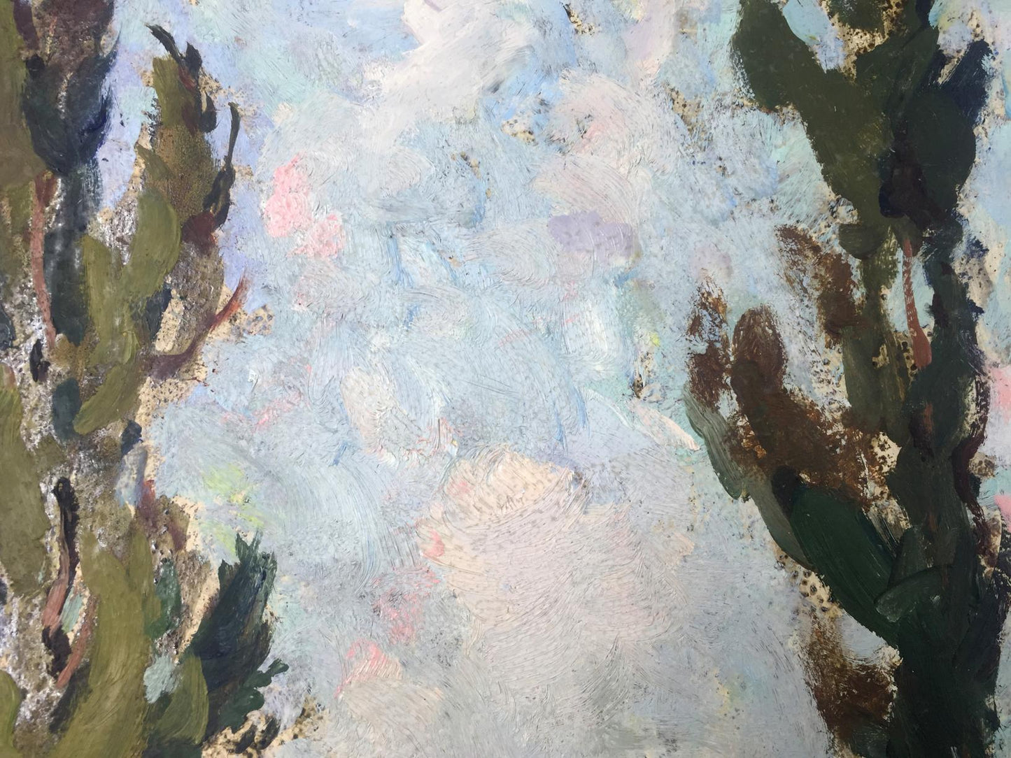 Abstract Oil painting Trunk with blue white green brown textured brushstrokes