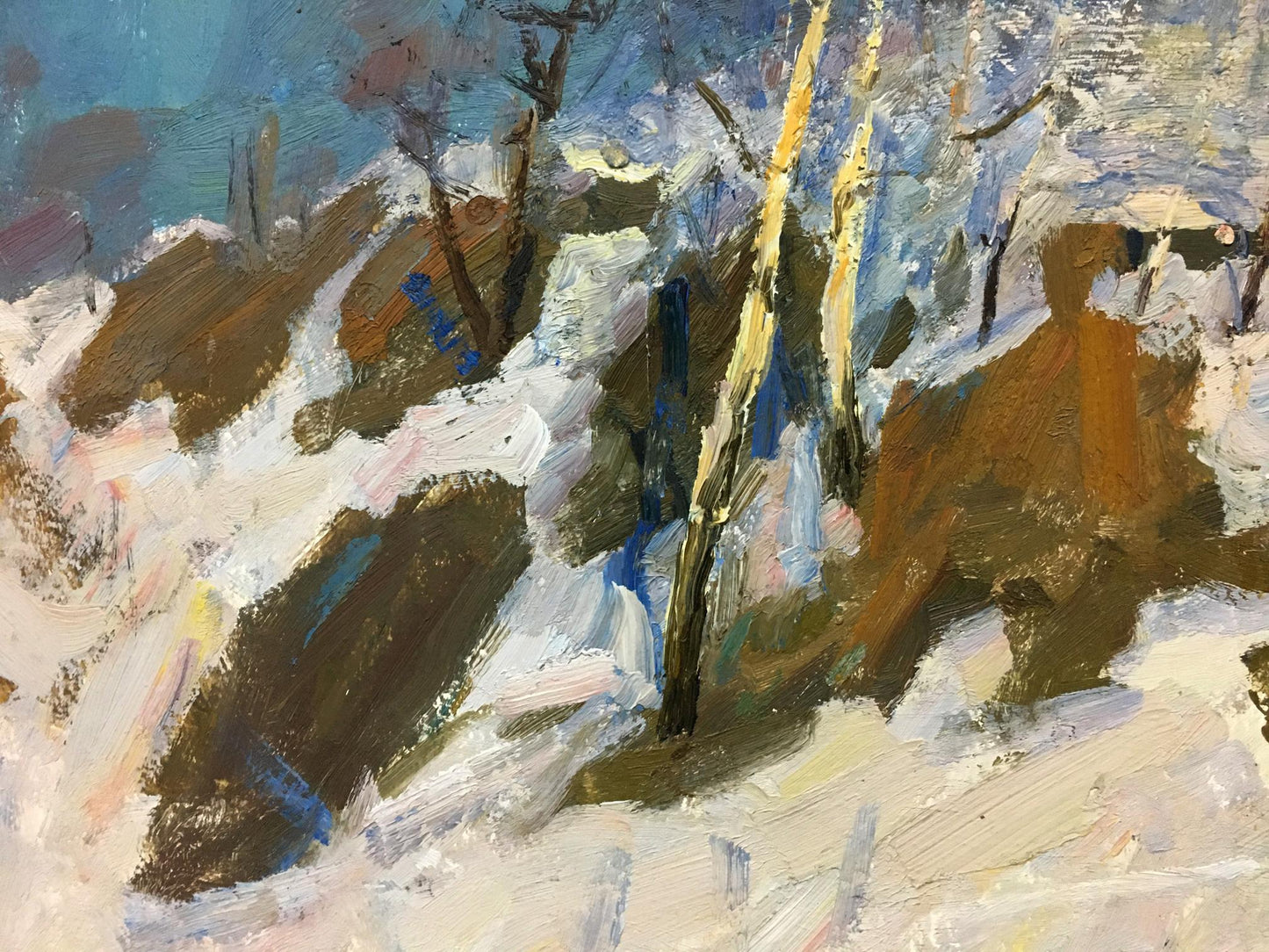 Textured impressionist snowy landscape oil painting by Stanislav Vasilievich Petrashevsky
