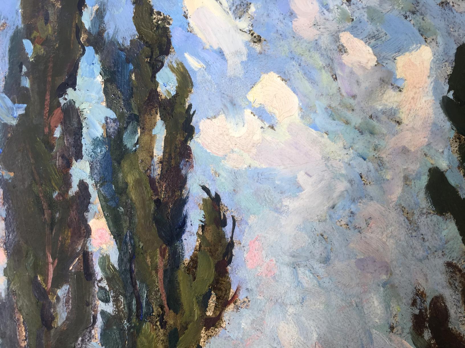 Original oil painting of textured dark green tree trunks under blue sky with clouds