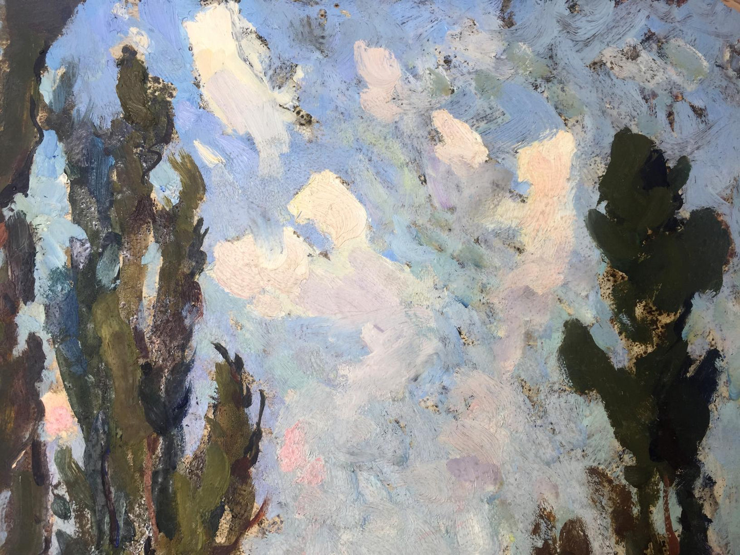 Oil painting Trunk: abstract textured blue white green stylized trees
