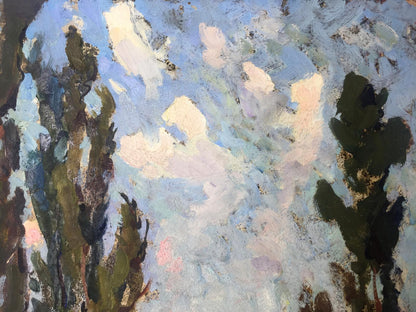 Oil painting Trunk: abstract textured blue white green stylized trees