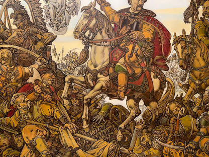 Oil painting of knight in golden armor on white horse by Litvinov Oleg Arkad’yevich