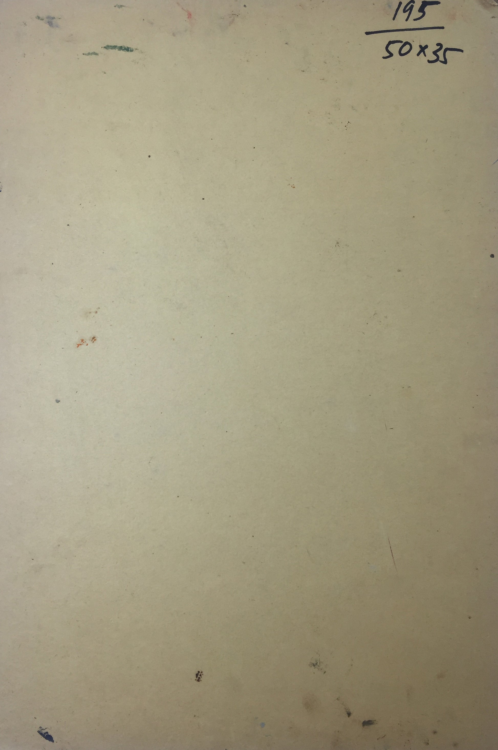 Back of oil painting trunk original with beige textured paper and handwritten markings