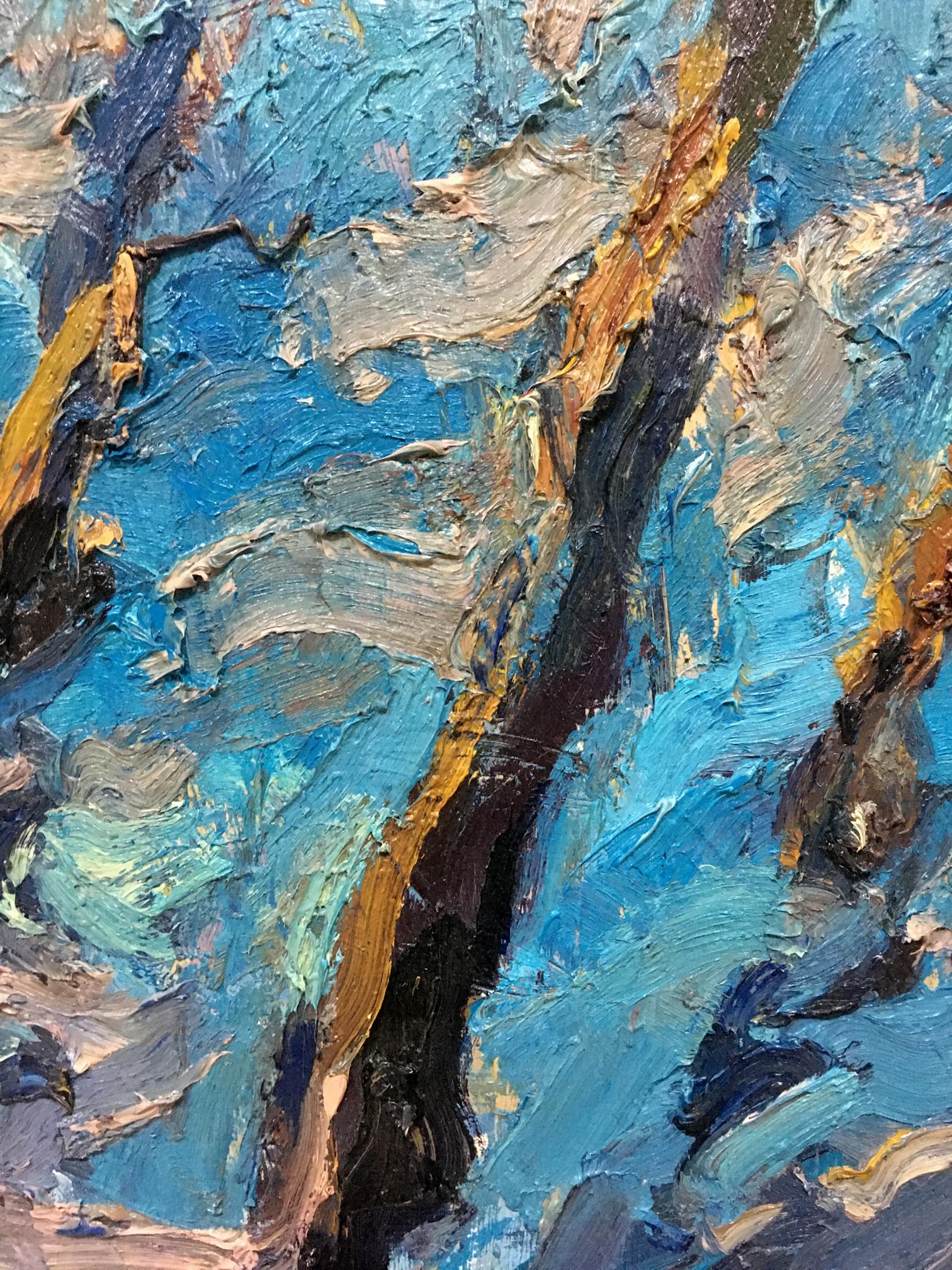 Textured abstract oil painting Blur in the forest by Dupliy Sergey Alexandrovich with bold blue black and gold strokes