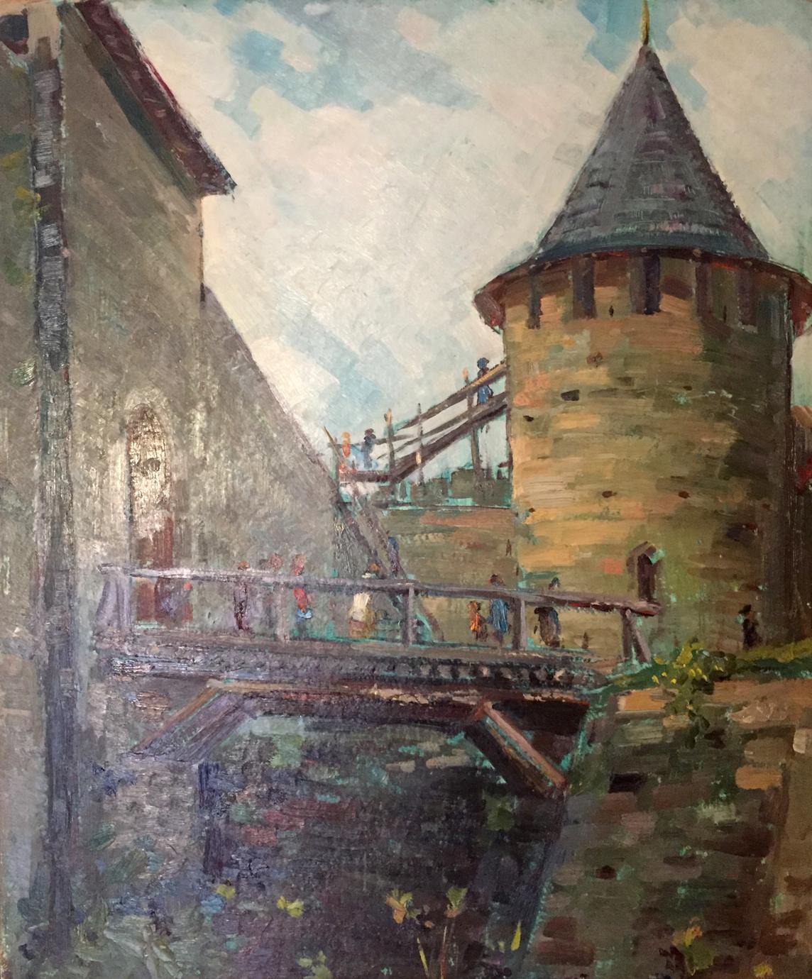Oil painting of Stone Tower with Conical Roof by Castle Pobivanets Grigory Danilovich