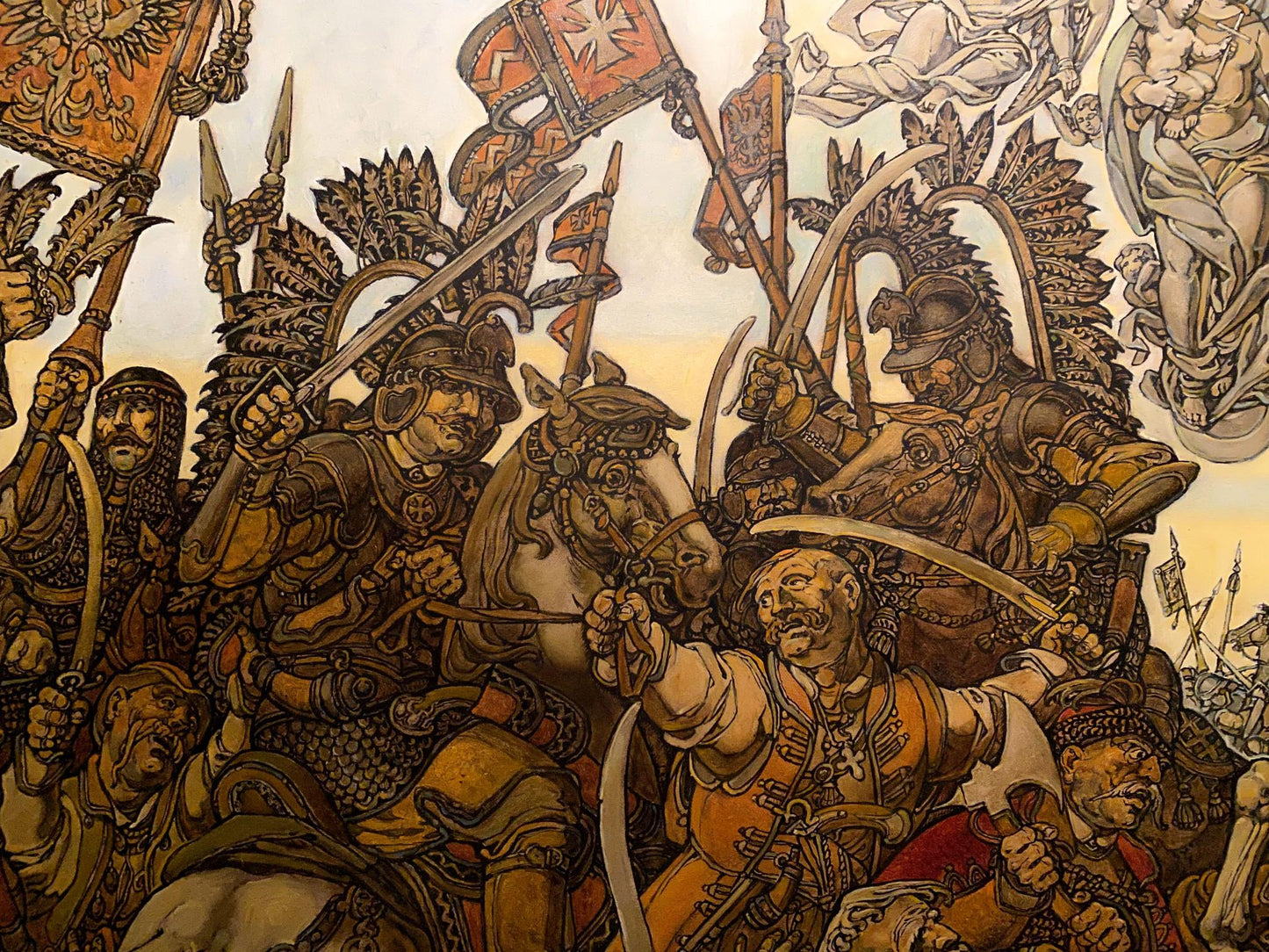 Sepia mural of medieval knights battle by Litvinov Oleg Arkad’yevich