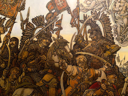 Sepia mural of medieval knights battle by Litvinov Oleg Arkad’yevich