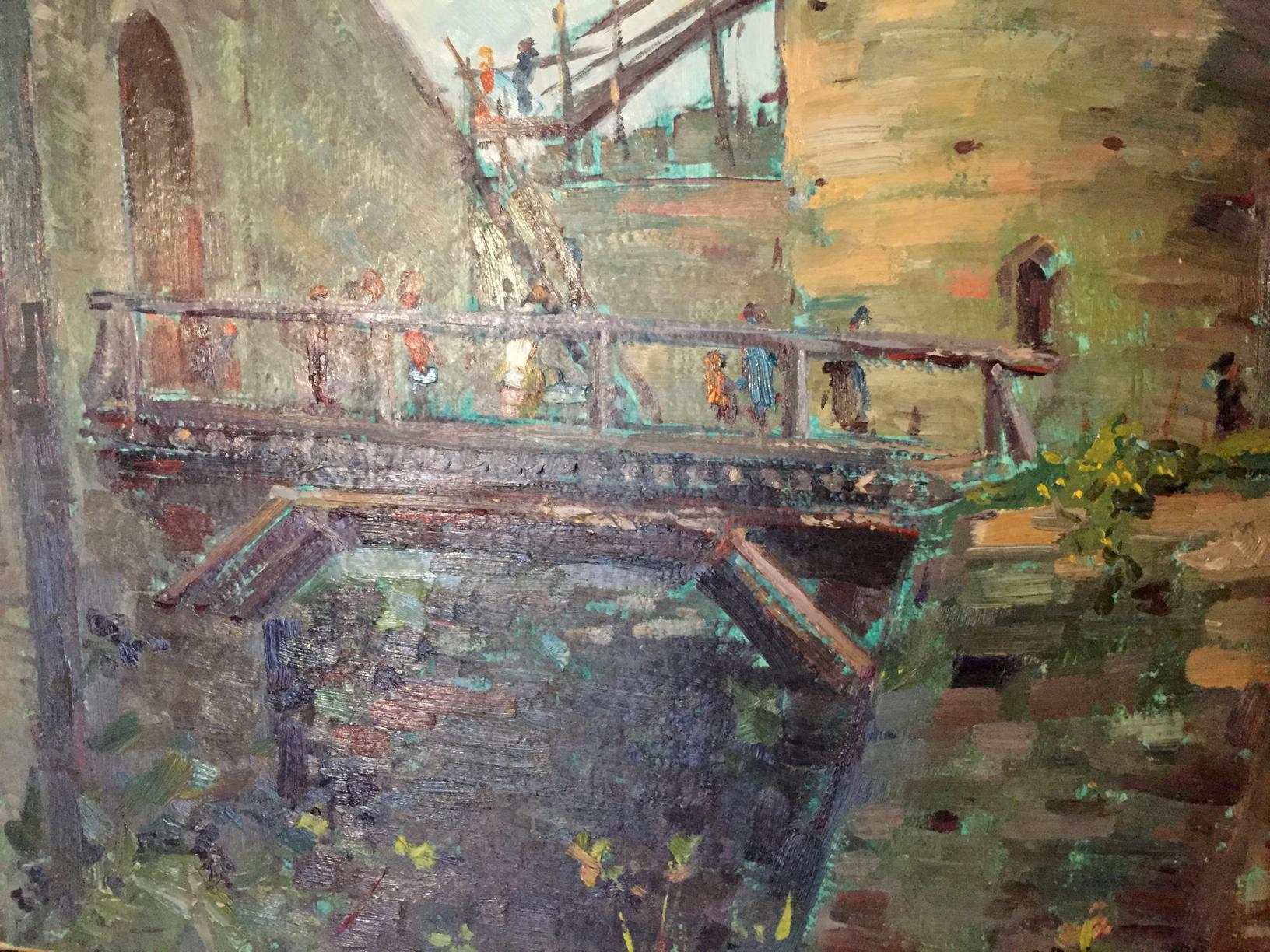 Rustic wooden bridge over canal in Castle Pobivanets oil painting