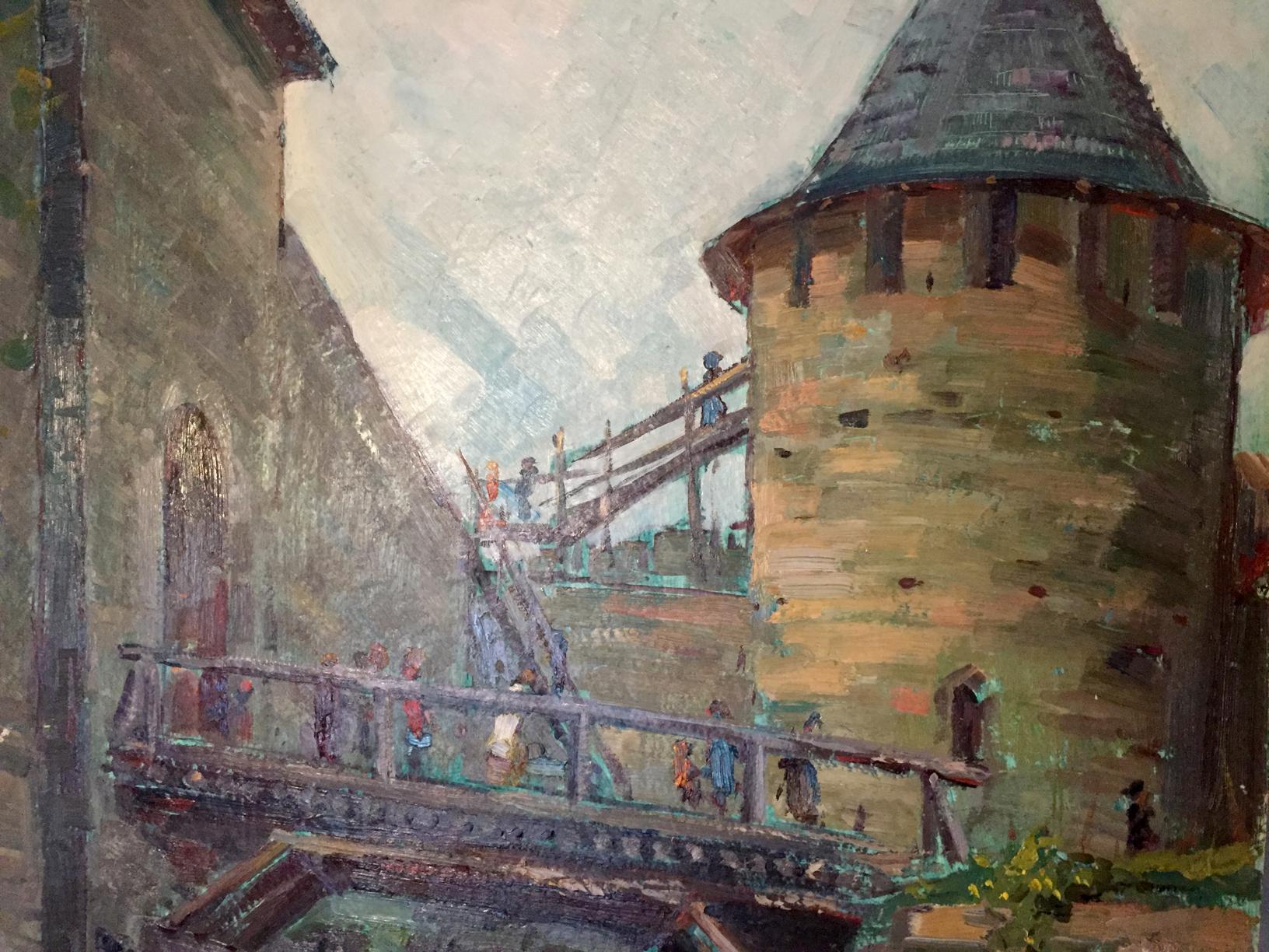 Oil painting of Castle Pobivanets by Grigory Danilovich, textured stone tower and bridge