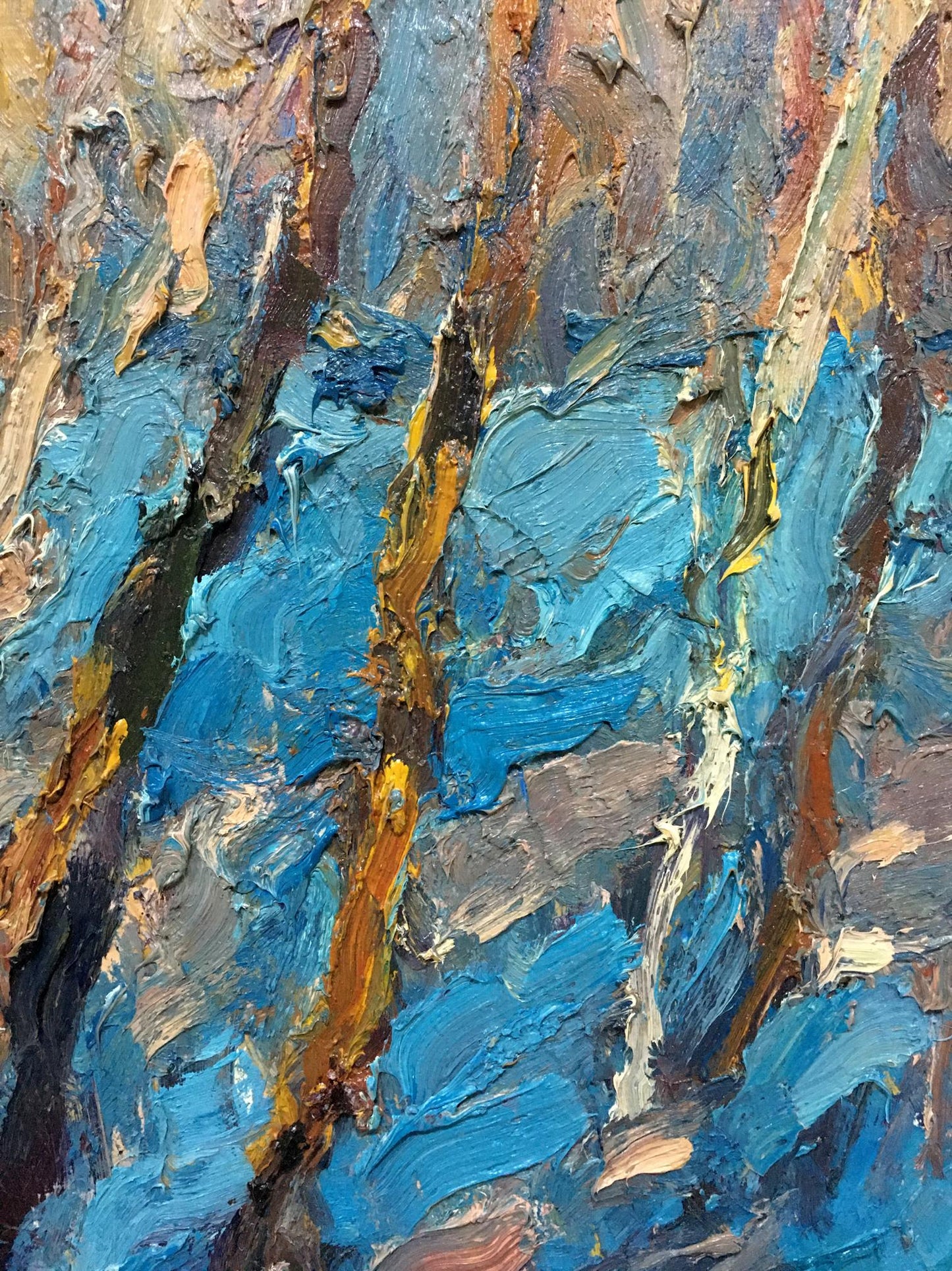 Oil painting Blur in the forest by Dupliy Sergey Alexandrovich, textured blue brown yellow impasto