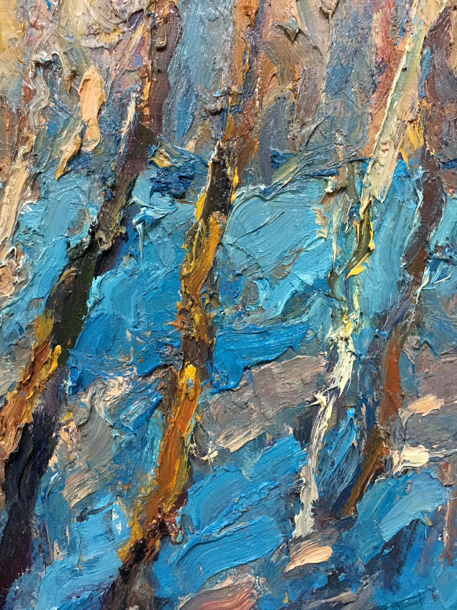 Oil painting Blur in the forest by Dupliy Sergey Alexandrovich, textured blue brown yellow impasto
