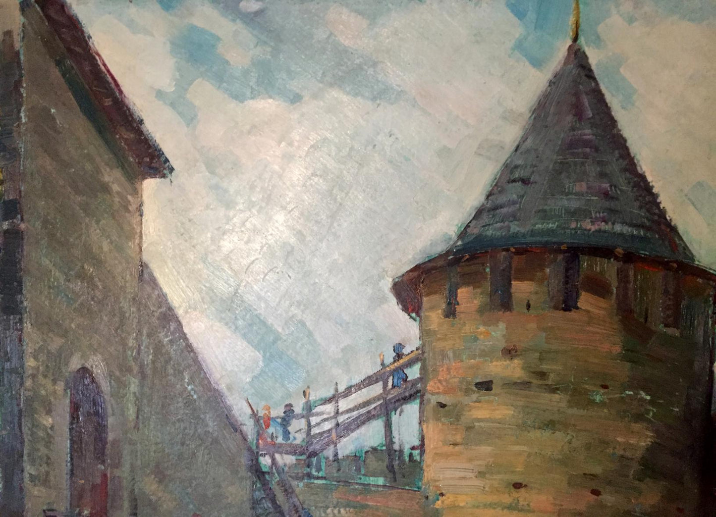 Oil painting of weathered stone tower by Grigory Danilovich Pobivanets