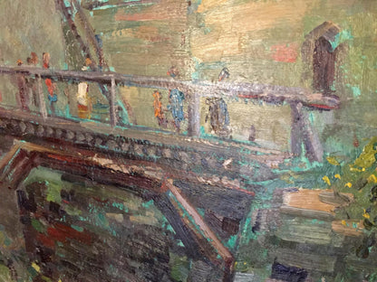 Oil painting by Grigory Danilovich: impressionistic bridge with figures