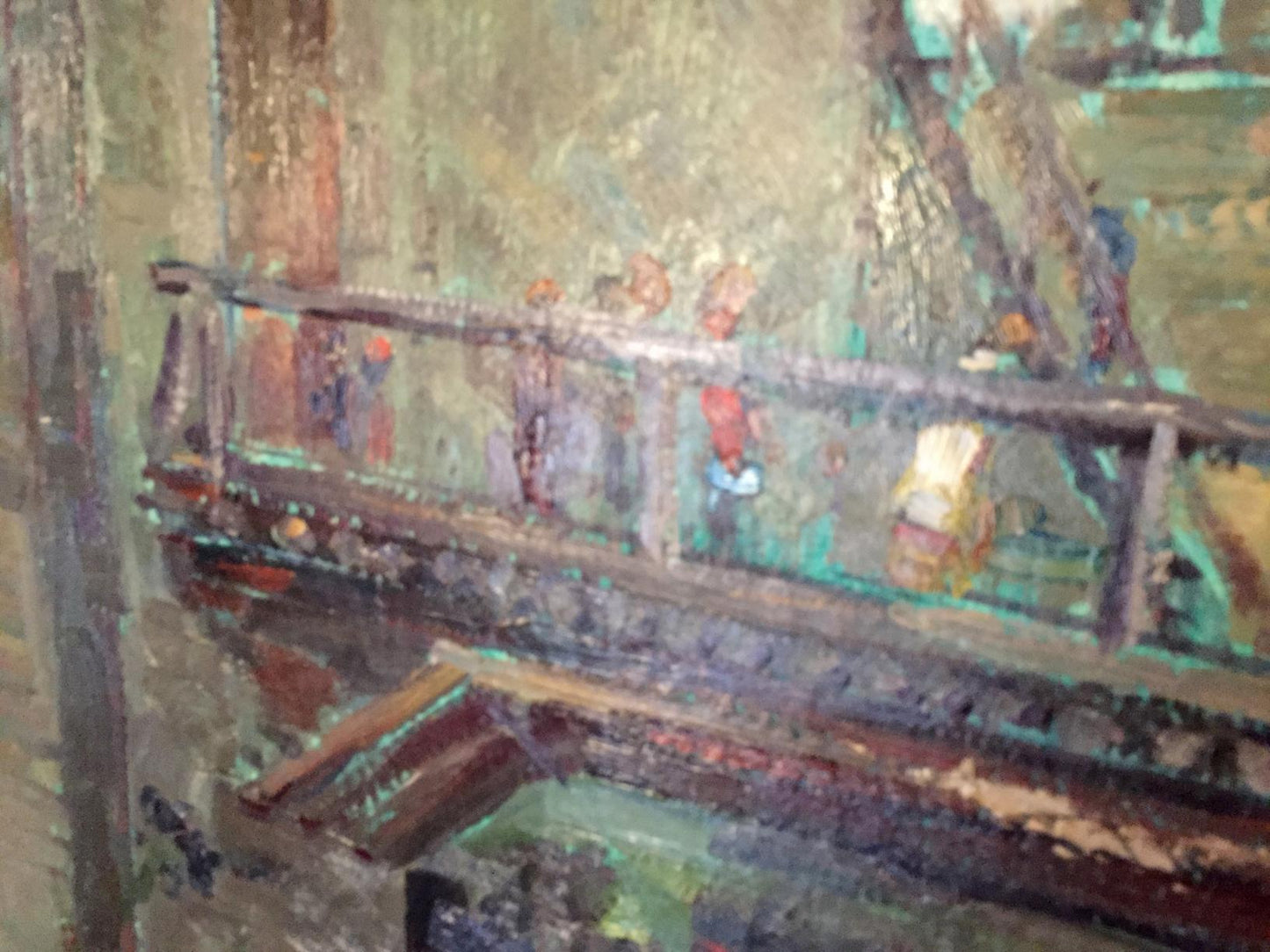 Oil painting by Grigory Danilovich Pobivanets: figures crossing wooden bridge