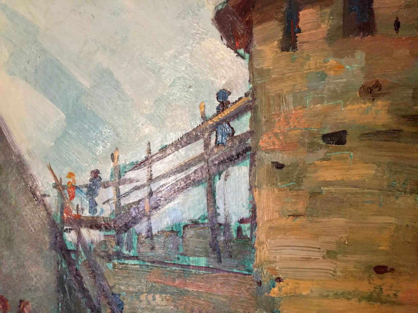 Oil painting by Grigory Danilovich: textured wooden bridge with figures