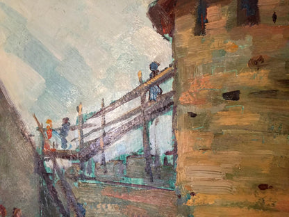 Oil painting by Grigory Danilovich: textured wooden bridge with figures