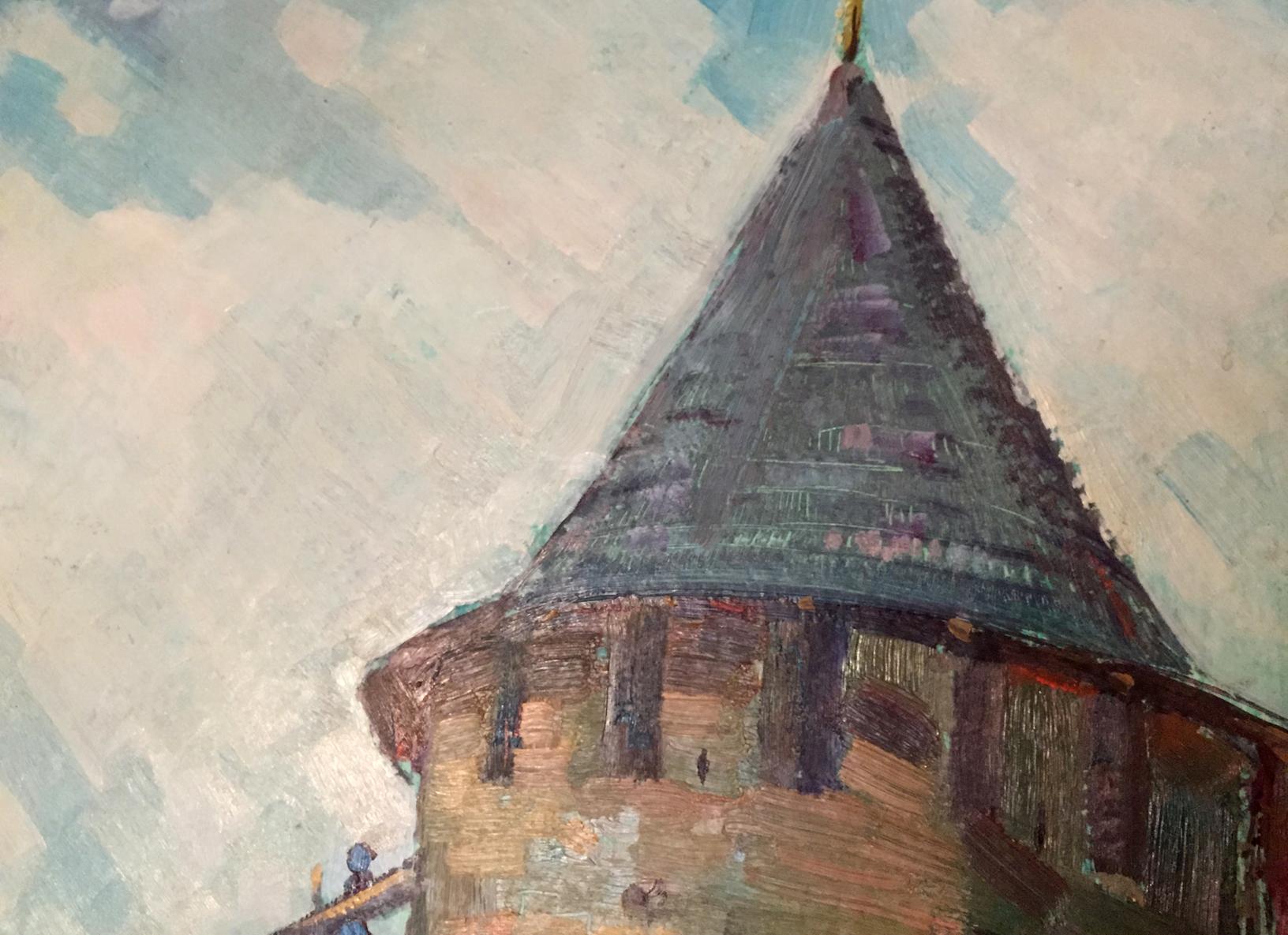 Oil painting of Castle Pobivanets by Grigory Danilovich, stone tower with dark conical roof