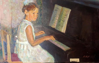 Oil painting of young girl in white dress at upright piano