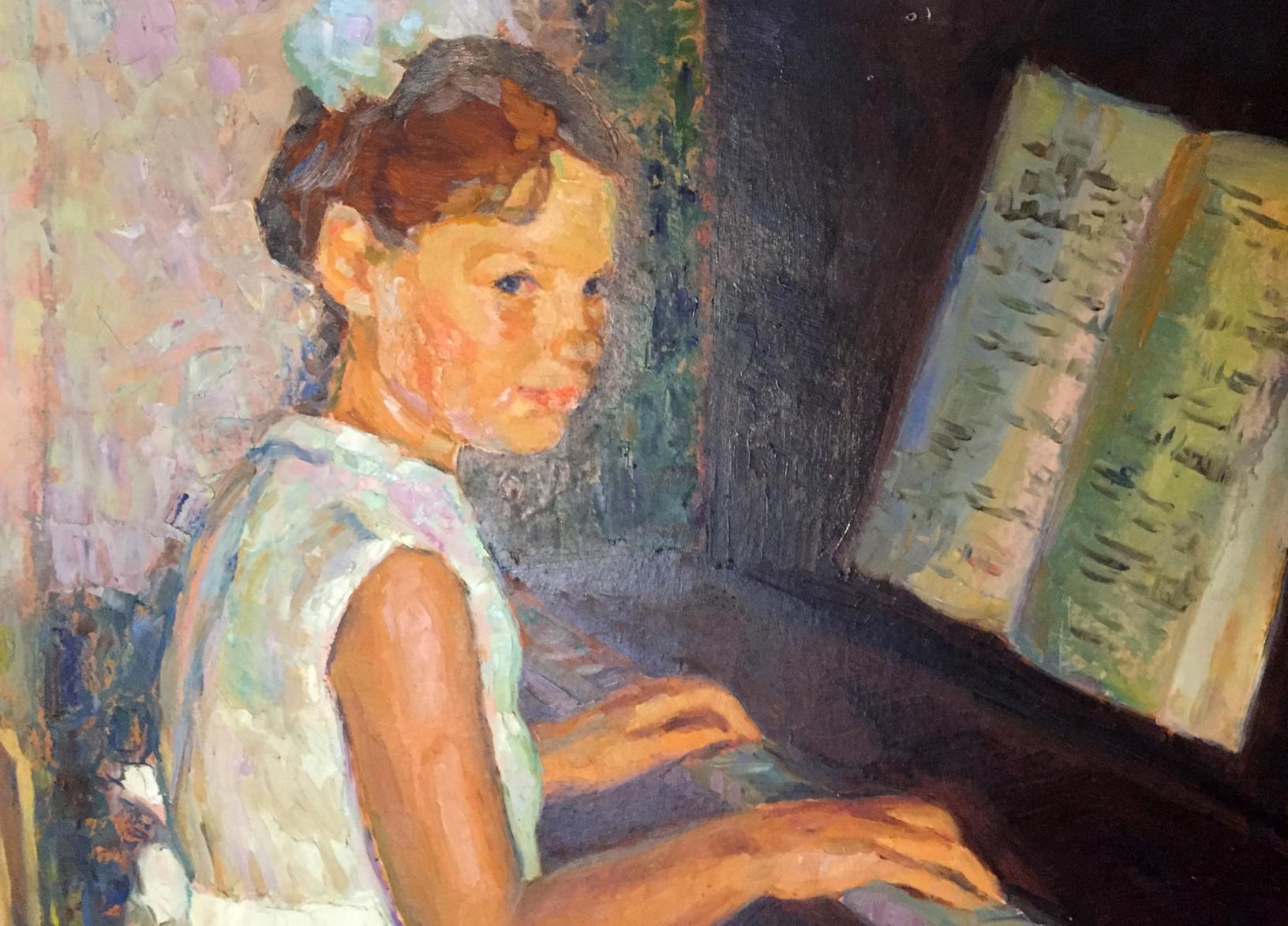 Oil painting of young girl in light dress playing piano