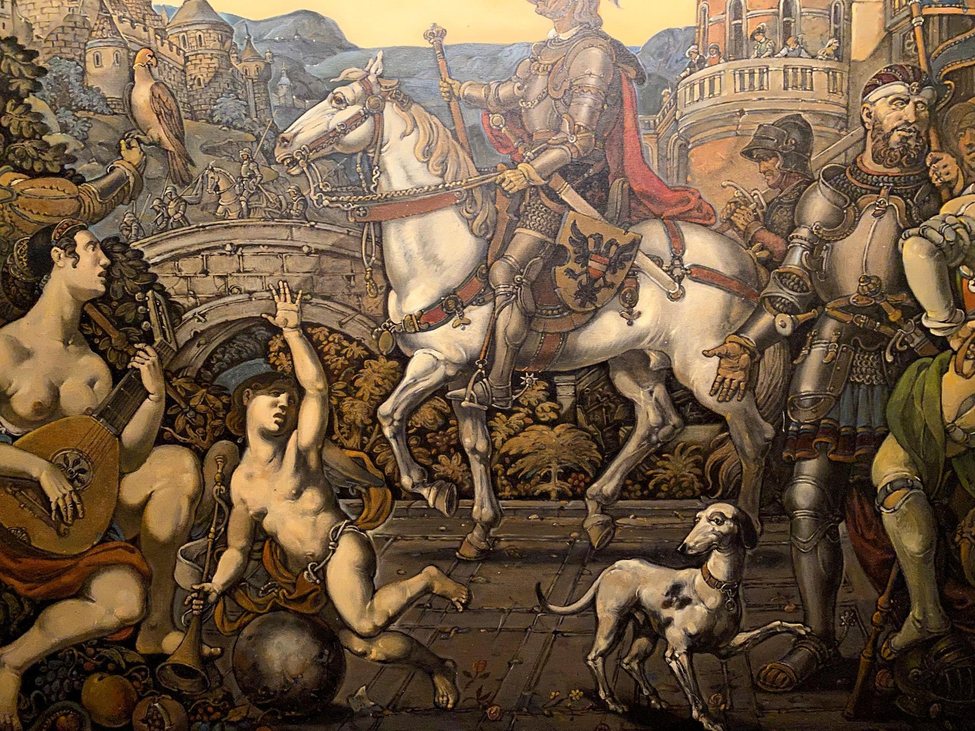 Oil painting of knight on white horse in red saddle and armor by Litvinov Oleg Arkad’yevich