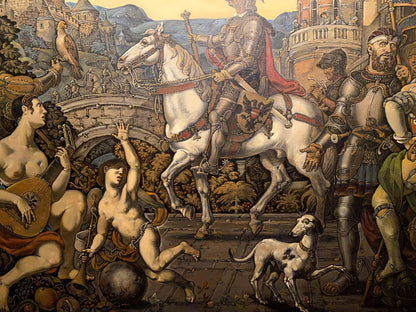 Oil painting of knight on white horse in red saddle and armor by Litvinov Oleg Arkad’yevich