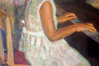 Oil painting of girl at piano in white ruffled sleeveless dress