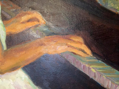 Oil painting of girl at piano: close-up hands on keys in warm orange tones