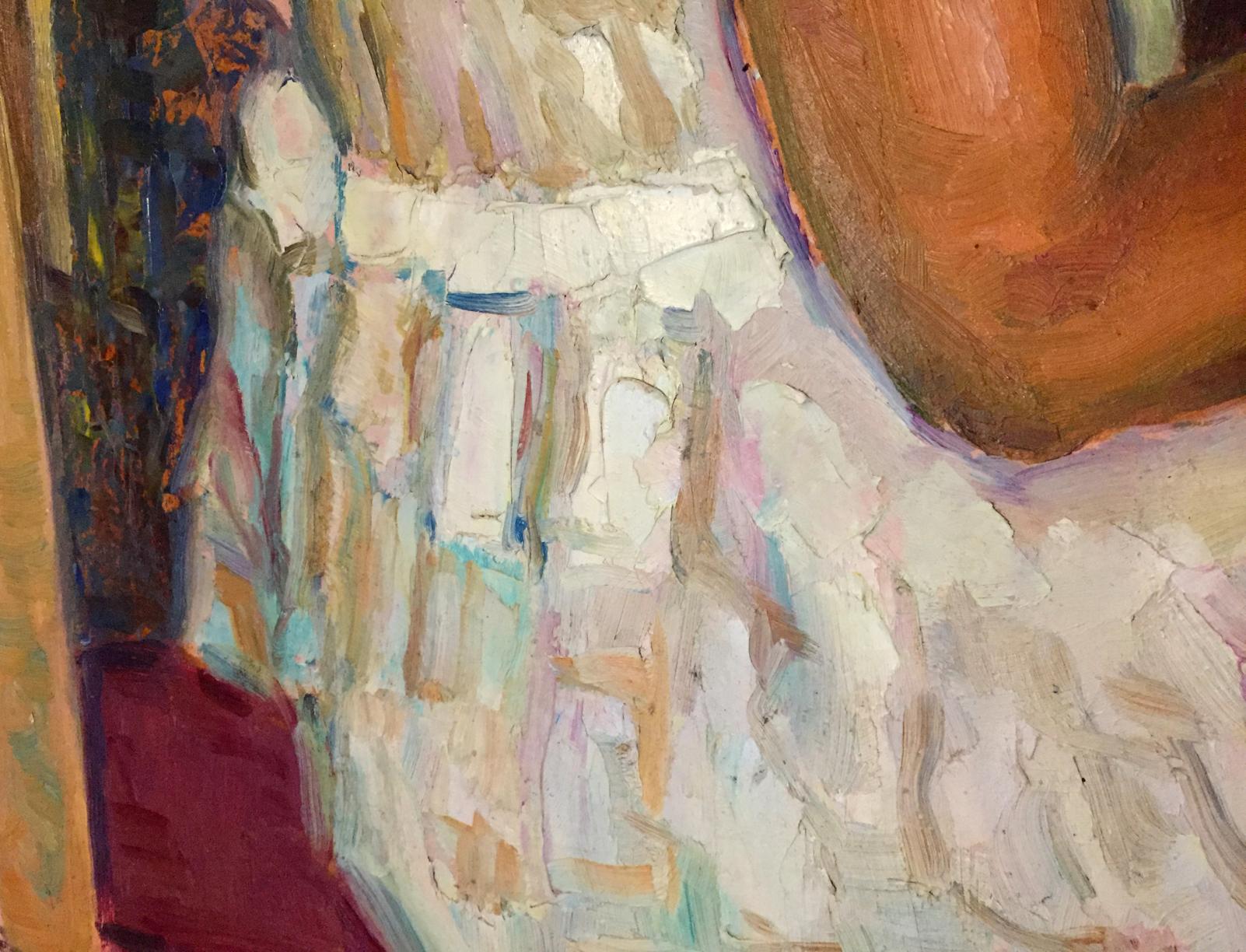 Oil painting Girl at the piano: textured off-white ruffled garment with blue beige strokes