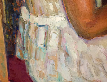 Oil painting Girl at the piano: textured off-white ruffled garment with blue beige strokes