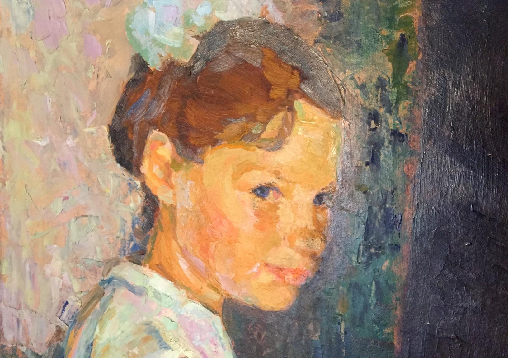 Oil painting of girl at piano with reddish-brown hair bun