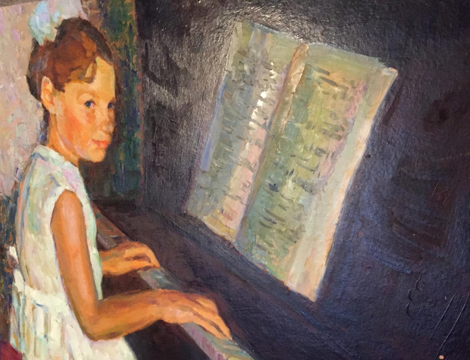 Oil painting of young girl in white dress at open piano with sheet music