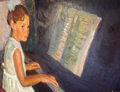 Oil painting of young girl in white dress at open piano with sheet music