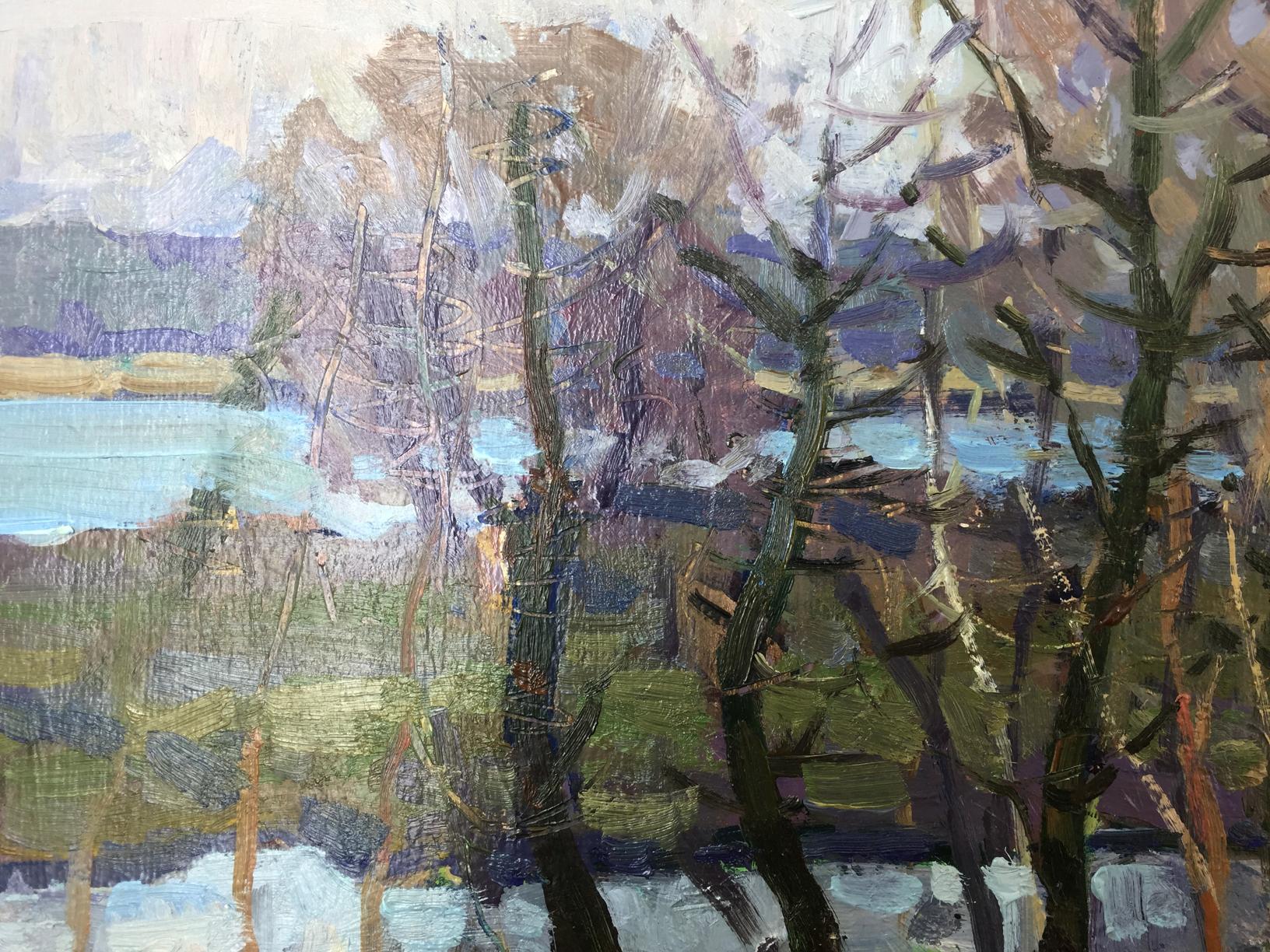 Oil painting Lowlands by Georgy Sergeevich Kolosovsky impressionistic bare trees lake