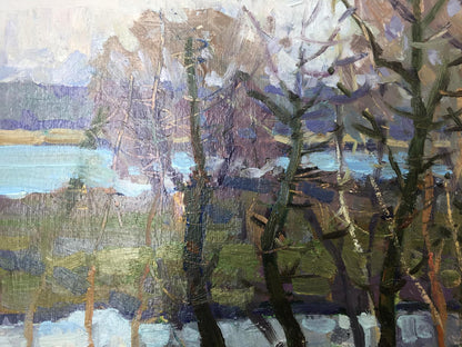 Oil painting Lowlands by Georgy Sergeevich Kolosovsky impressionistic bare trees lake