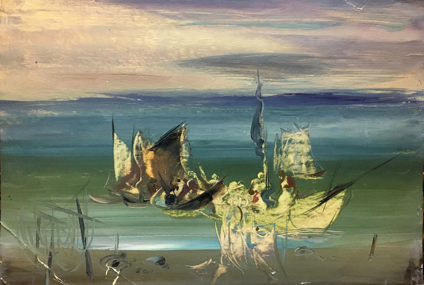 Impressionistic oil painting of sailboats at dusk by Zebek Vladimir Evgenievich