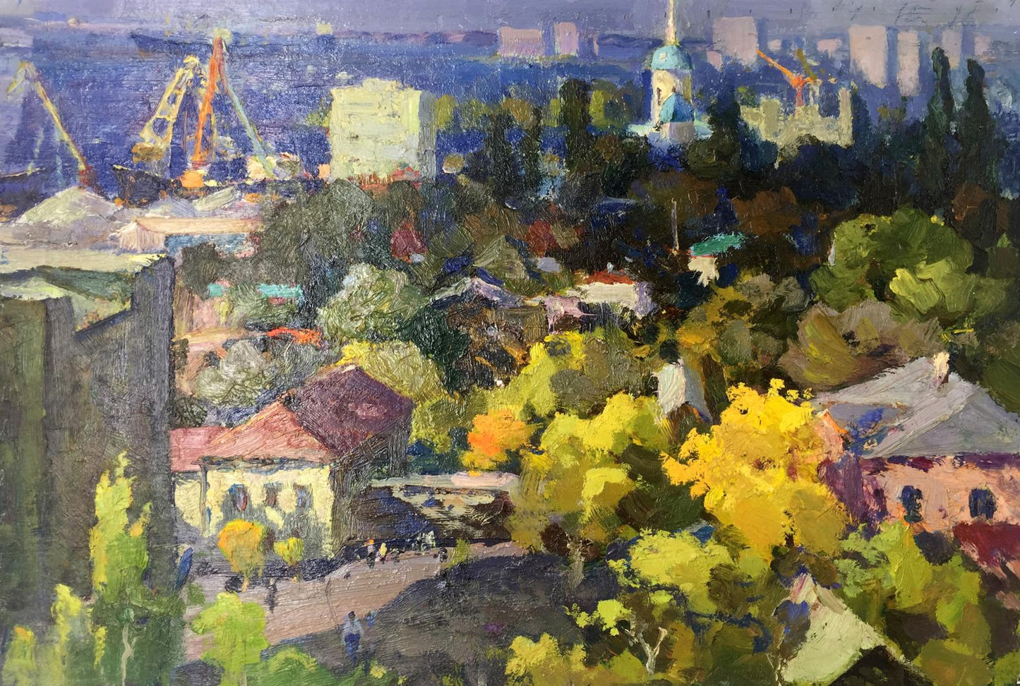 Vibrant impressionist Speech Port oil painting of cityscape with green trees